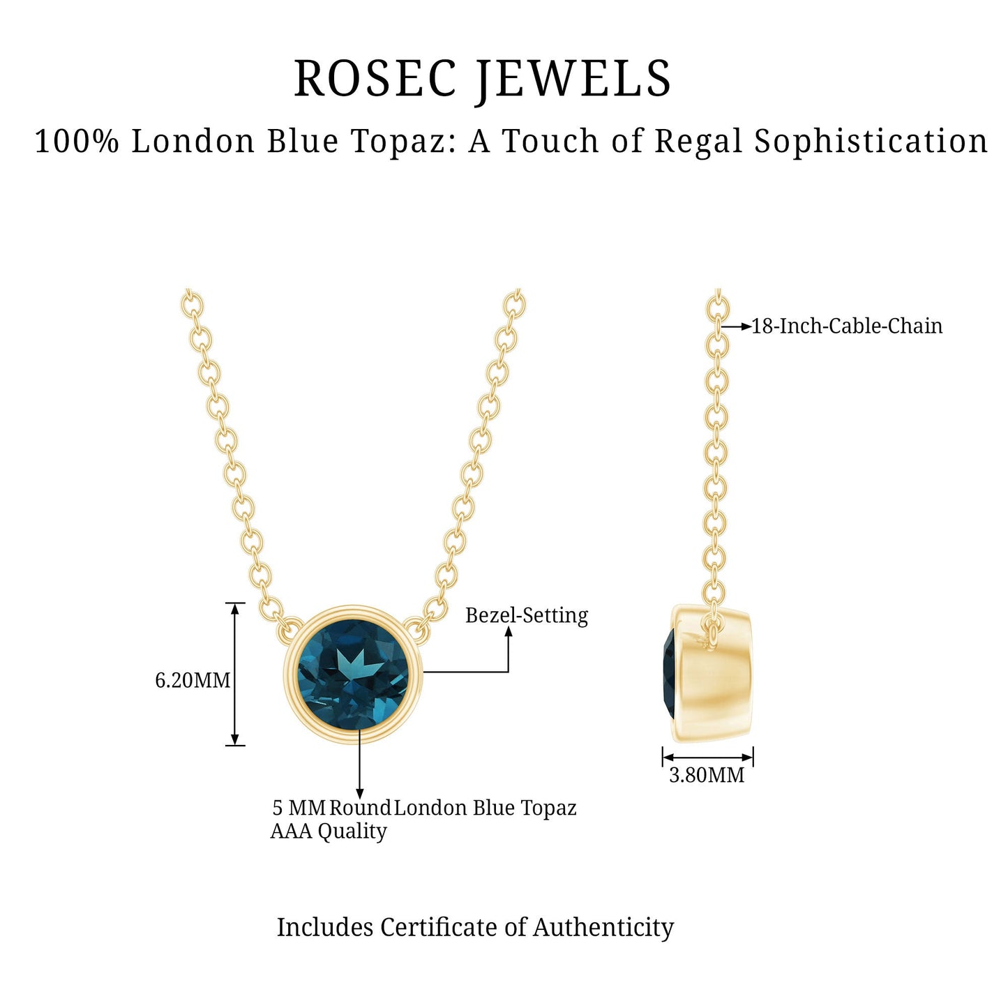 0.6 Carat Round London Blue Topaz Solitaire Necklace in Bezel Setting
