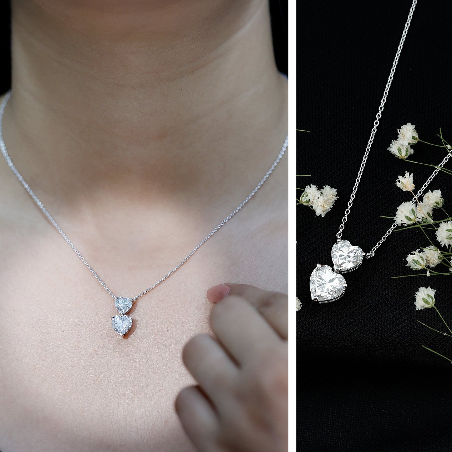 Certified Moissanite Double Heart Necklace in Prong Setting