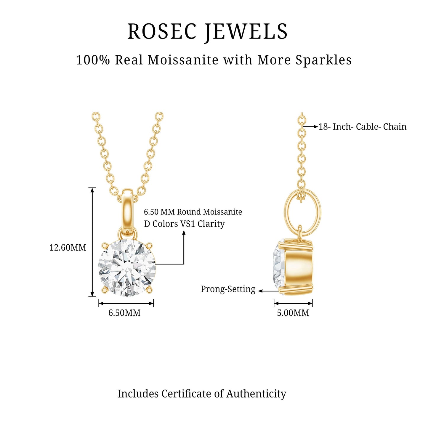 Certified 1 Carat Round Brilliant Cut Moissanite Solitaire Necklace With Silver Chain