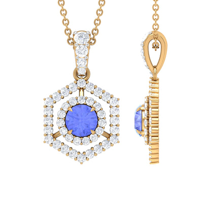 Tanzanite and Diamond Hexagon Pendant Necklace