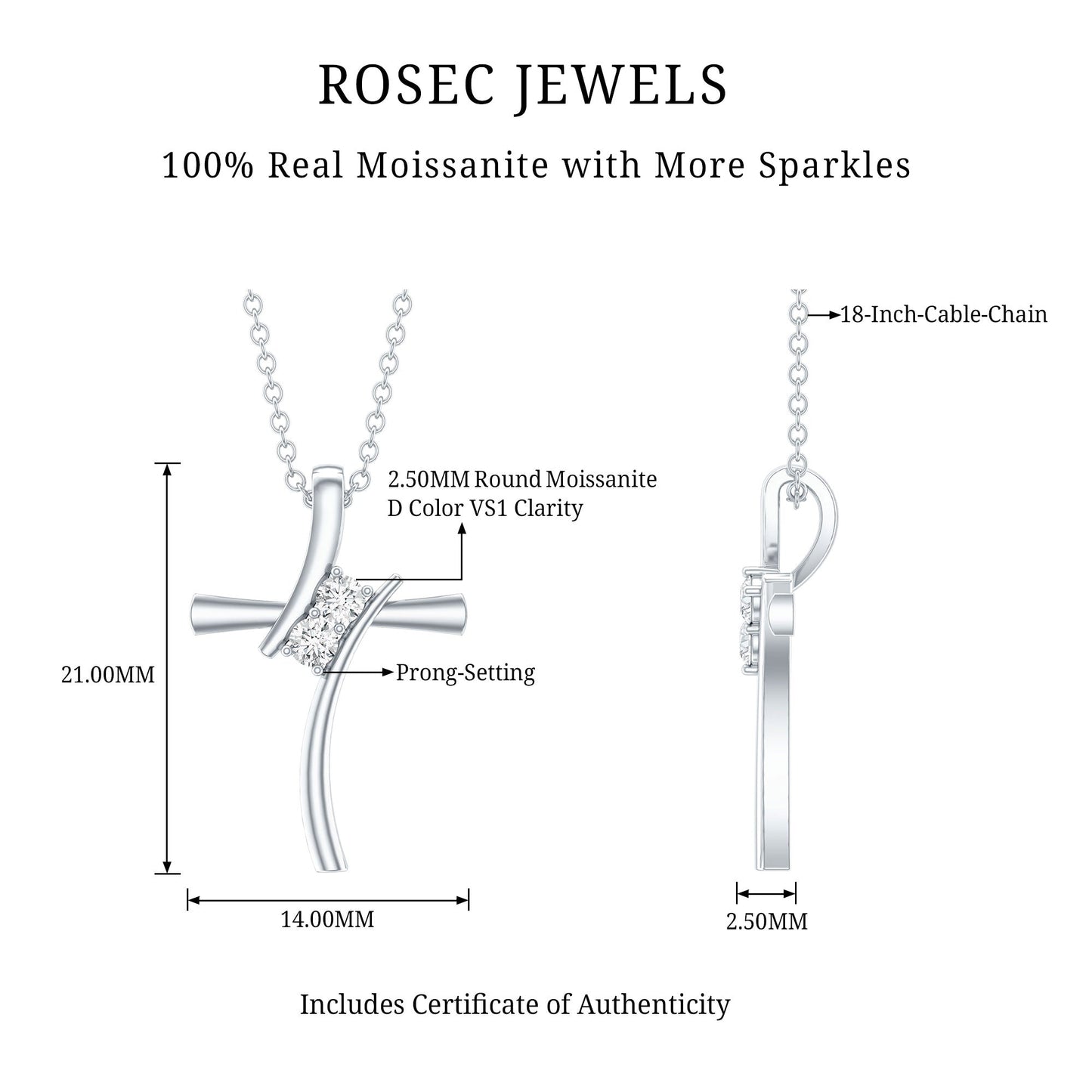 Certified Moissanite Cross Pendant Necklace With Chain