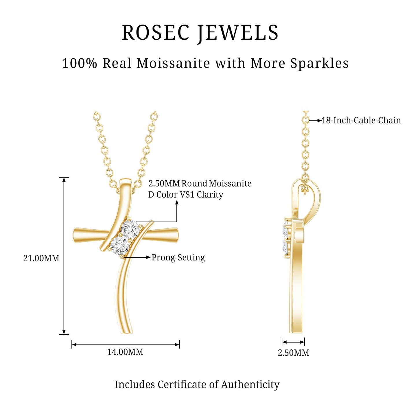 Certified Moissanite Cross Pendant Necklace With Chain