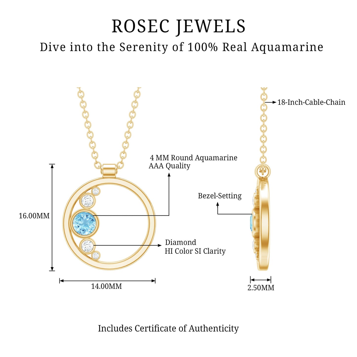 Natural Aquamarine Open Circle Pendant Necklace with Diamond