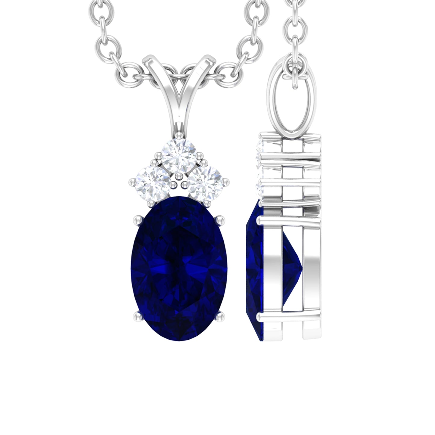Natural 0.6 Carat Oval Blue Sapphire Pendant Necklace with Diamond Trio