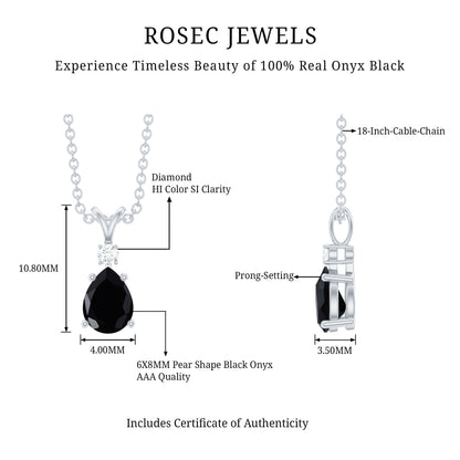 Pear Shape 1 Carat Black Onyx Solitaire Pendant with Diamond