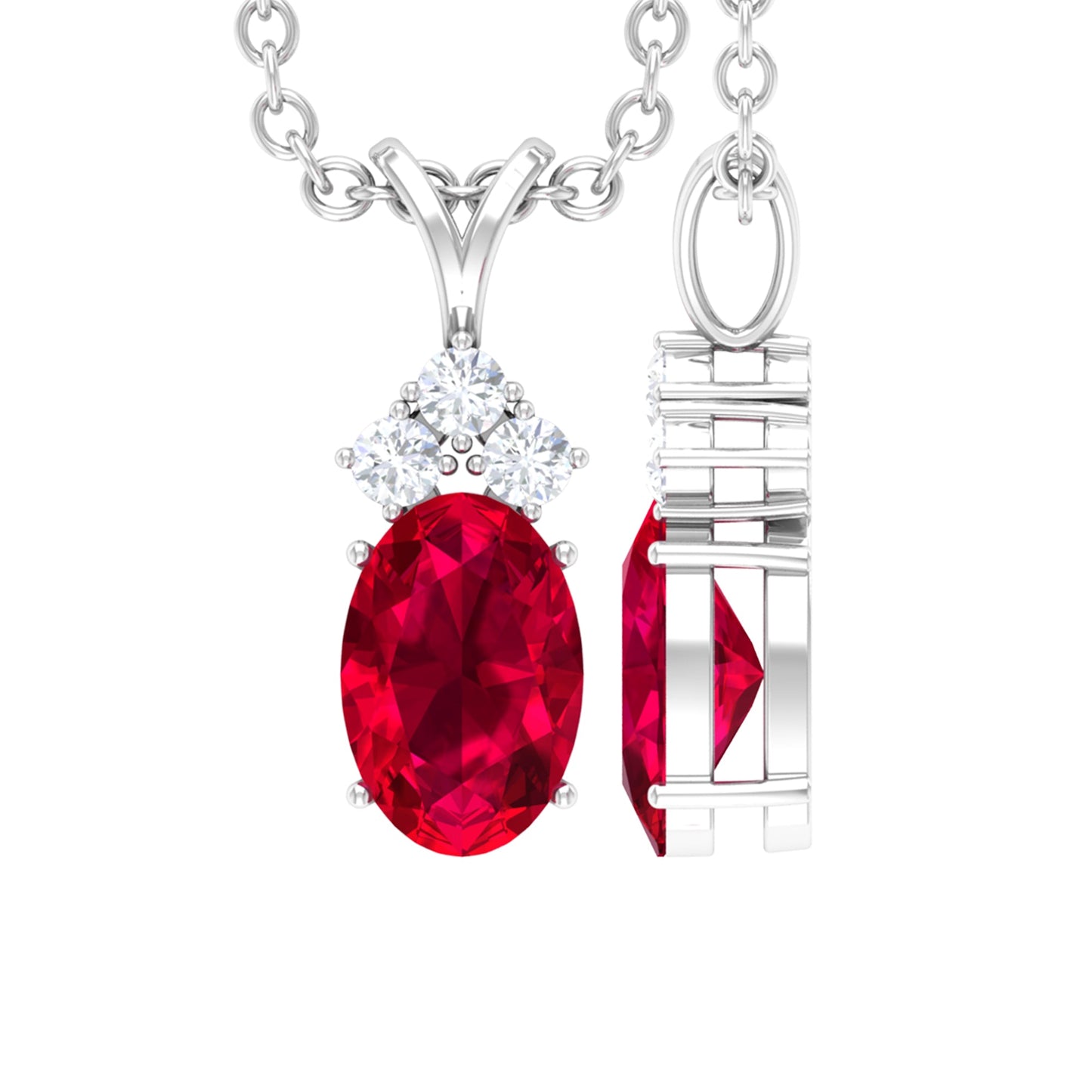 Oval Lab Created Ruby Pendant with Diamond trio