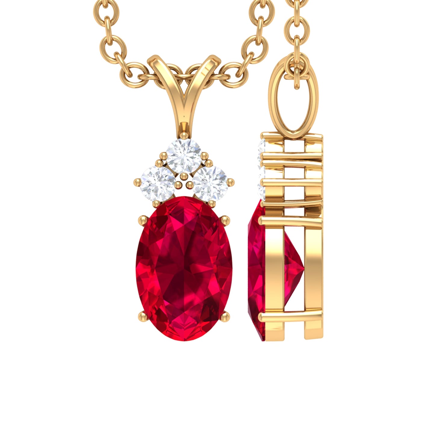 Oval Lab Created Ruby Pendant with Diamond trio
