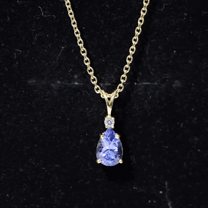 Real Tanzanite Teardrop Pendant Necklace with Diamond