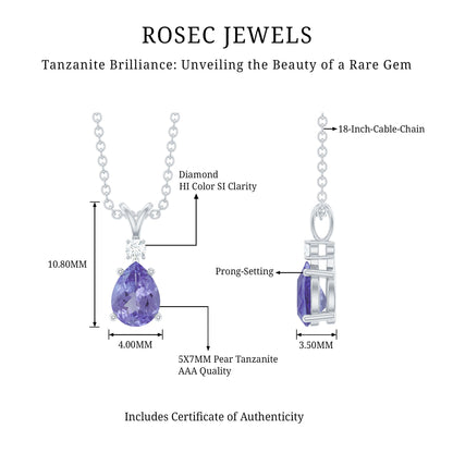 Real Tanzanite Teardrop Pendant Necklace with Diamond