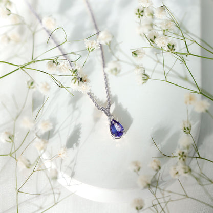 Real Tanzanite Teardrop Pendant Necklace with Diamond