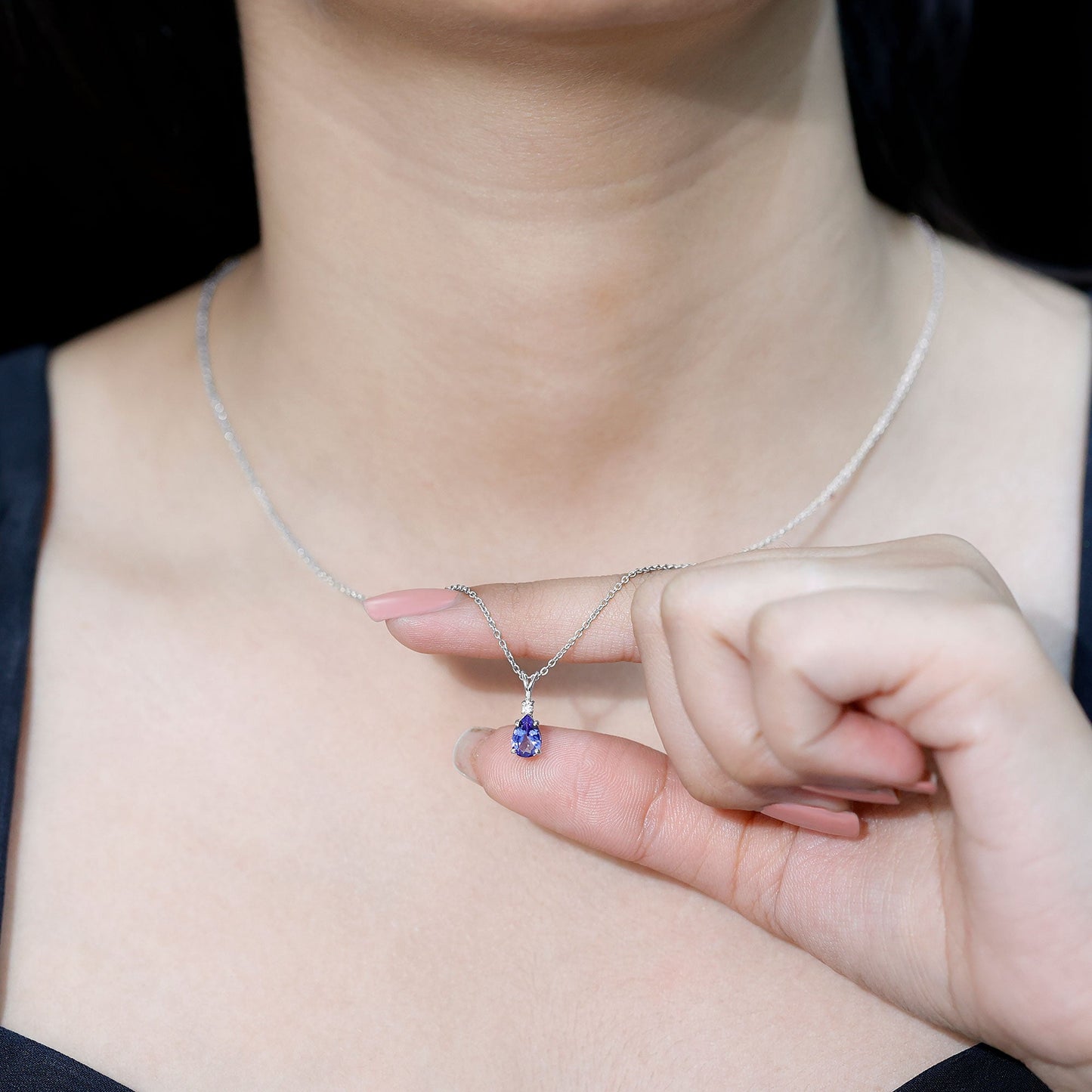 Real Tanzanite Teardrop Pendant Necklace with Diamond
