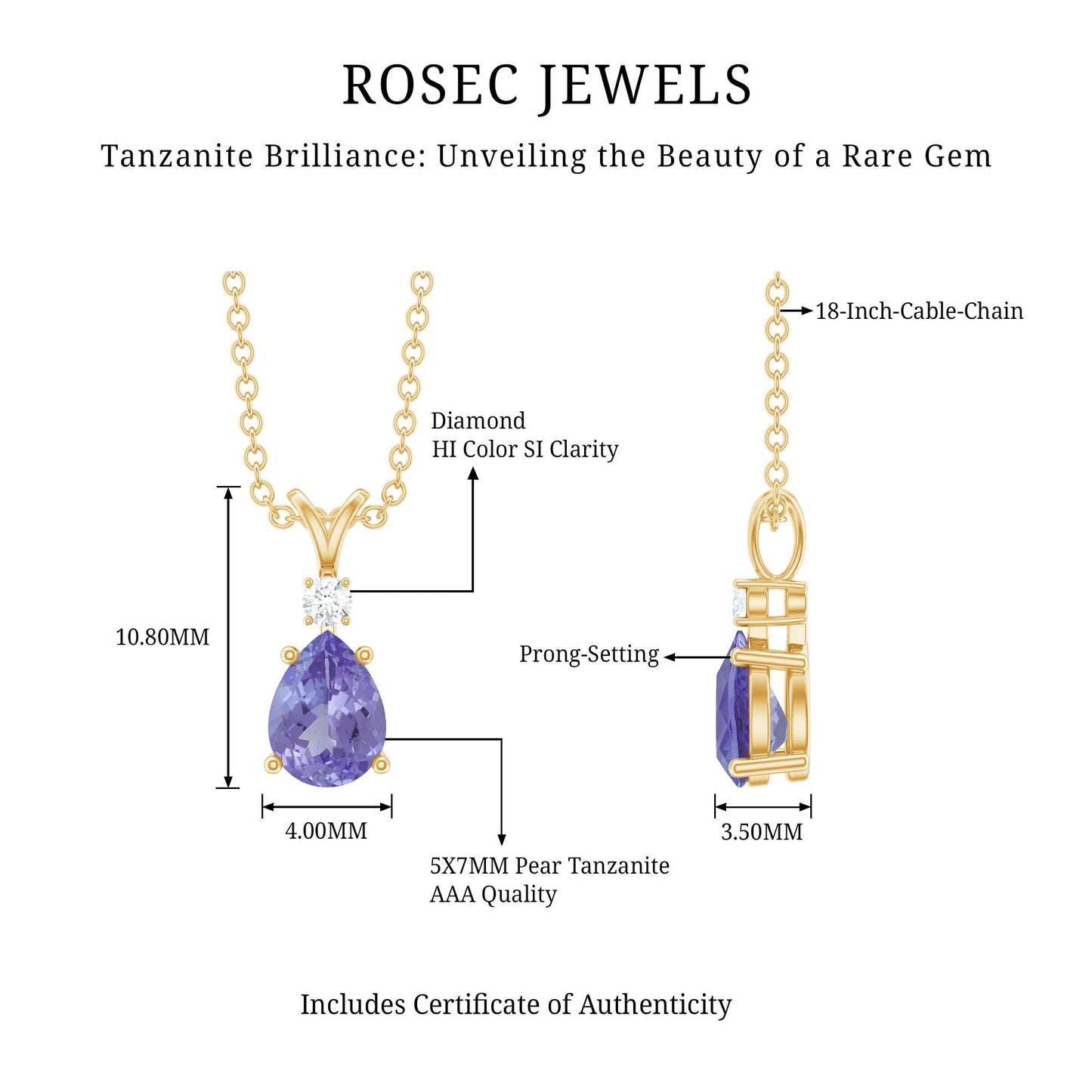 Real Tanzanite Teardrop Pendant Necklace with Diamond