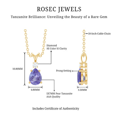 Real Tanzanite Teardrop Pendant Necklace with Diamond