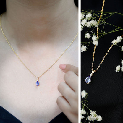 Real Tanzanite Teardrop Pendant Necklace with Diamond