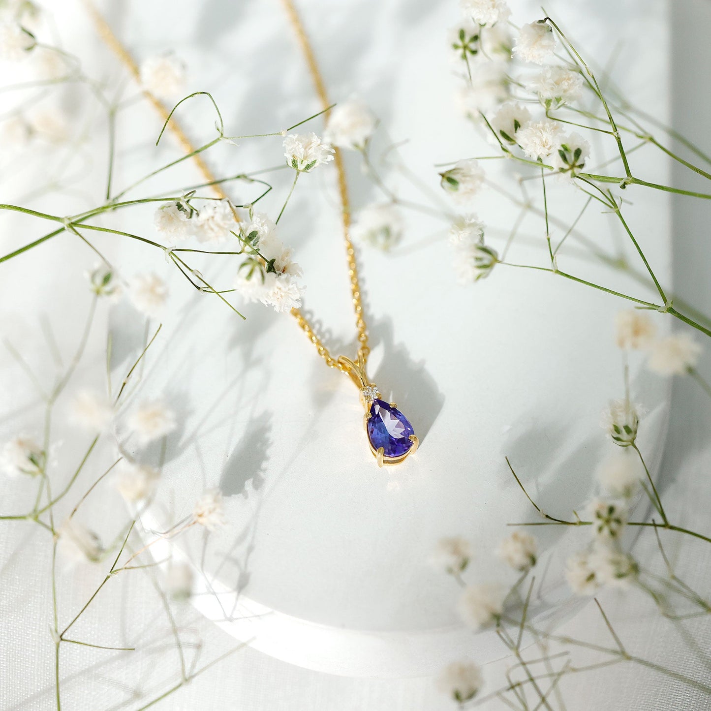 Real Tanzanite Teardrop Pendant Necklace with Diamond