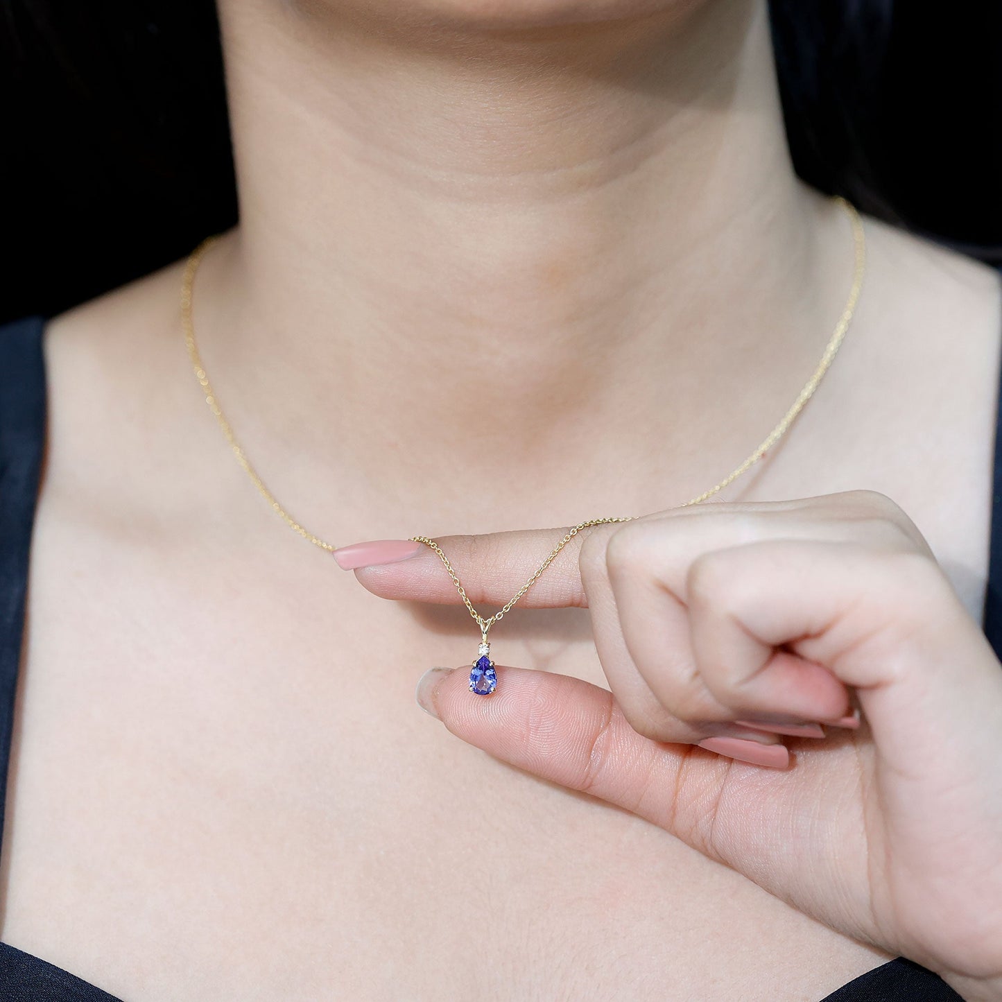 Real Tanzanite Teardrop Pendant Necklace with Diamond