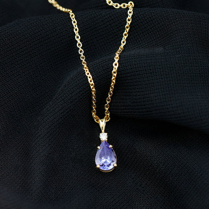 Real Tanzanite Teardrop Pendant Necklace with Diamond