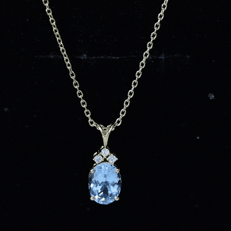 Real 1 Carat Oval Cut Aquamarine Pendant Necklace with Diamond Trio