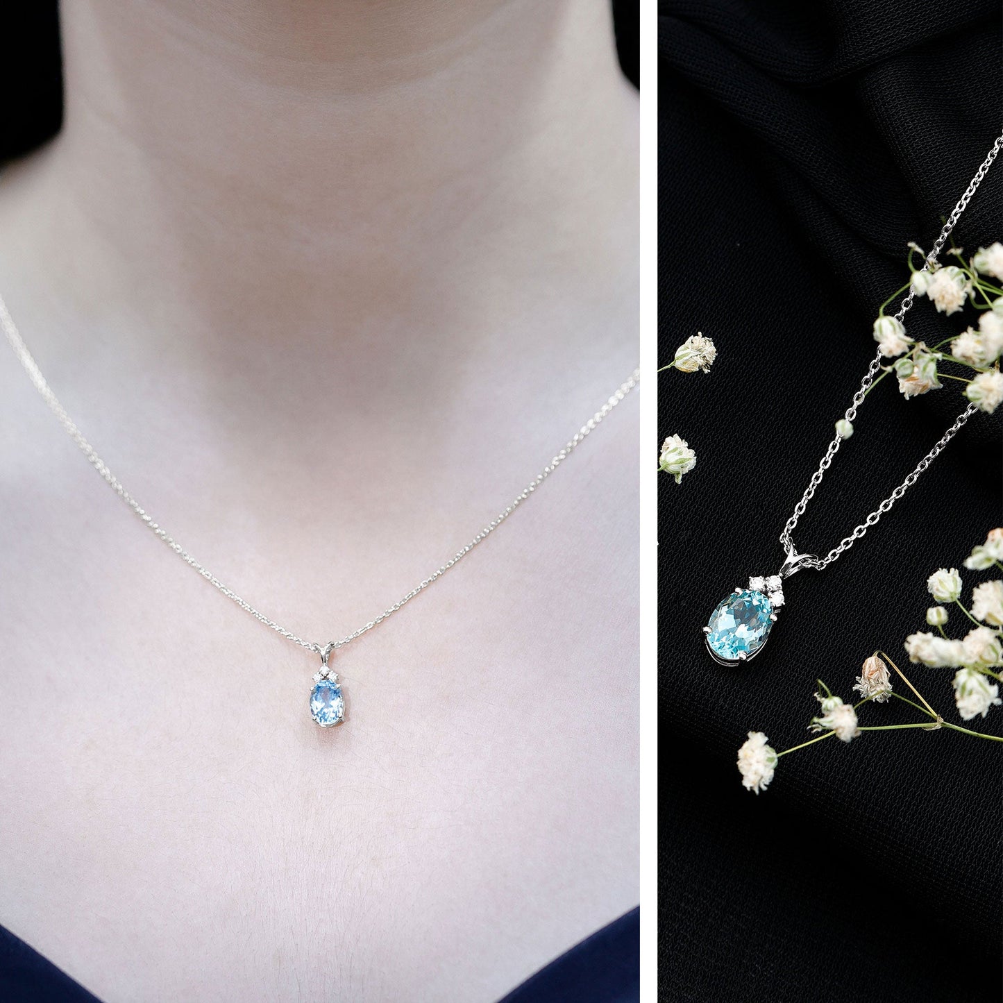 Real 1 Carat Oval Cut Aquamarine Pendant Necklace with Diamond Trio