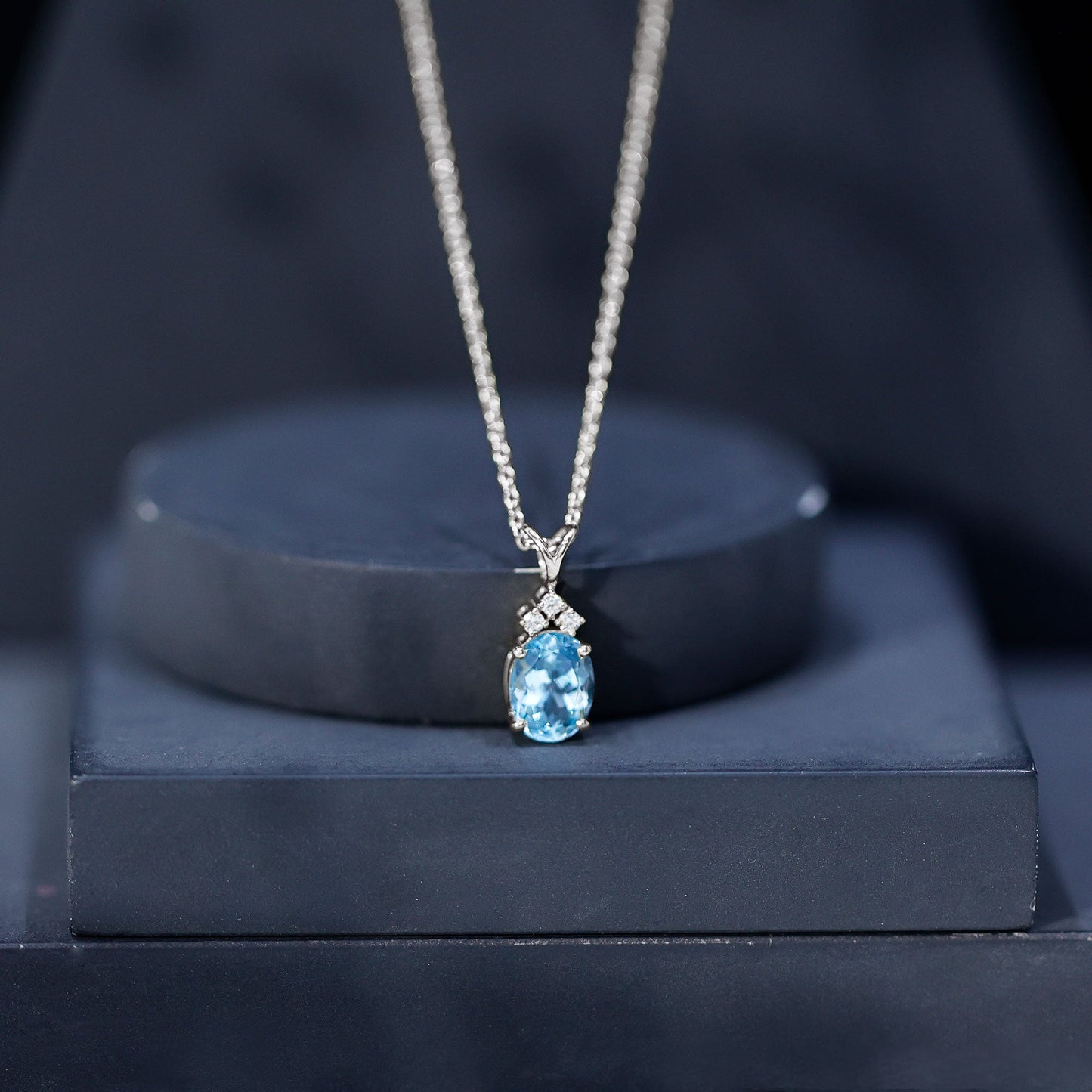 Real 1 Carat Oval Cut Aquamarine Pendant Necklace with Diamond Trio