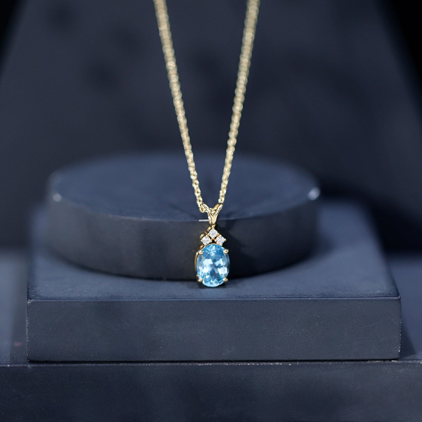 Real 1 Carat Oval Cut Aquamarine Pendant Necklace with Diamond Trio
