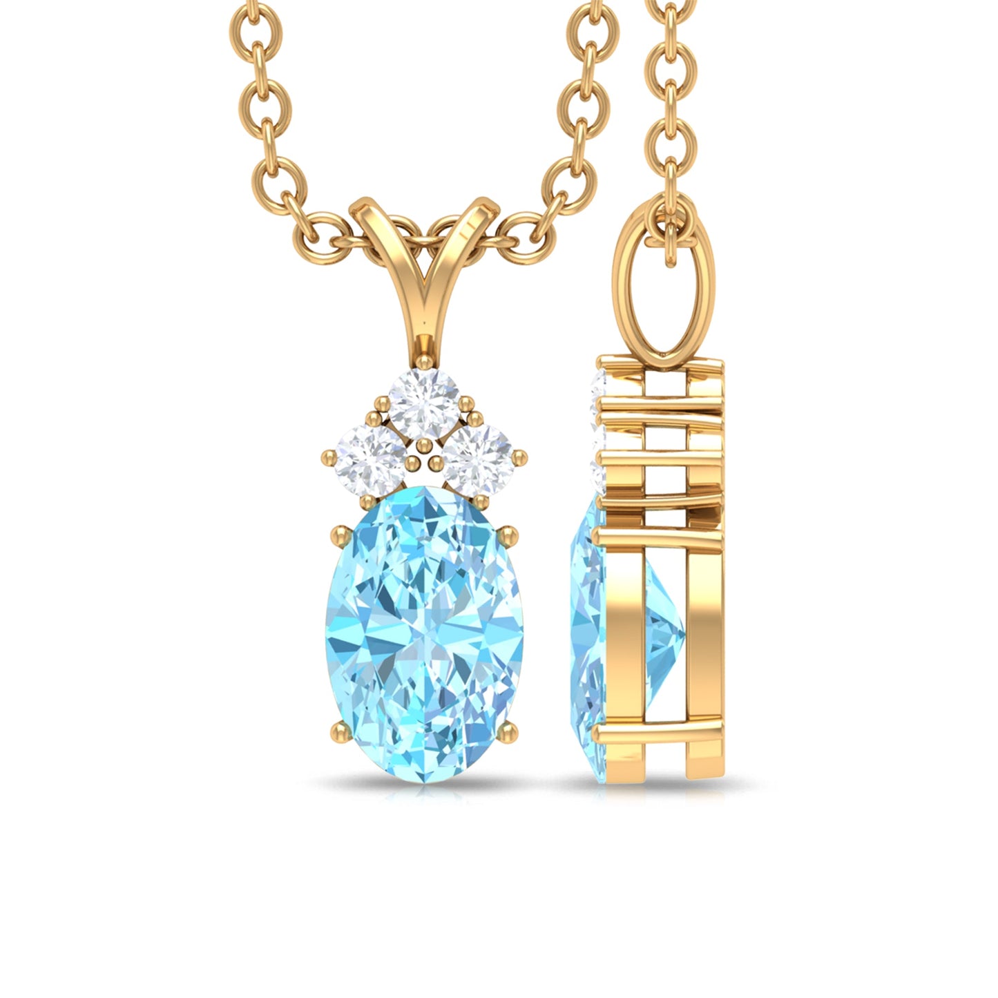 Real 1 Carat Oval Cut Aquamarine Pendant Necklace with Diamond Trio