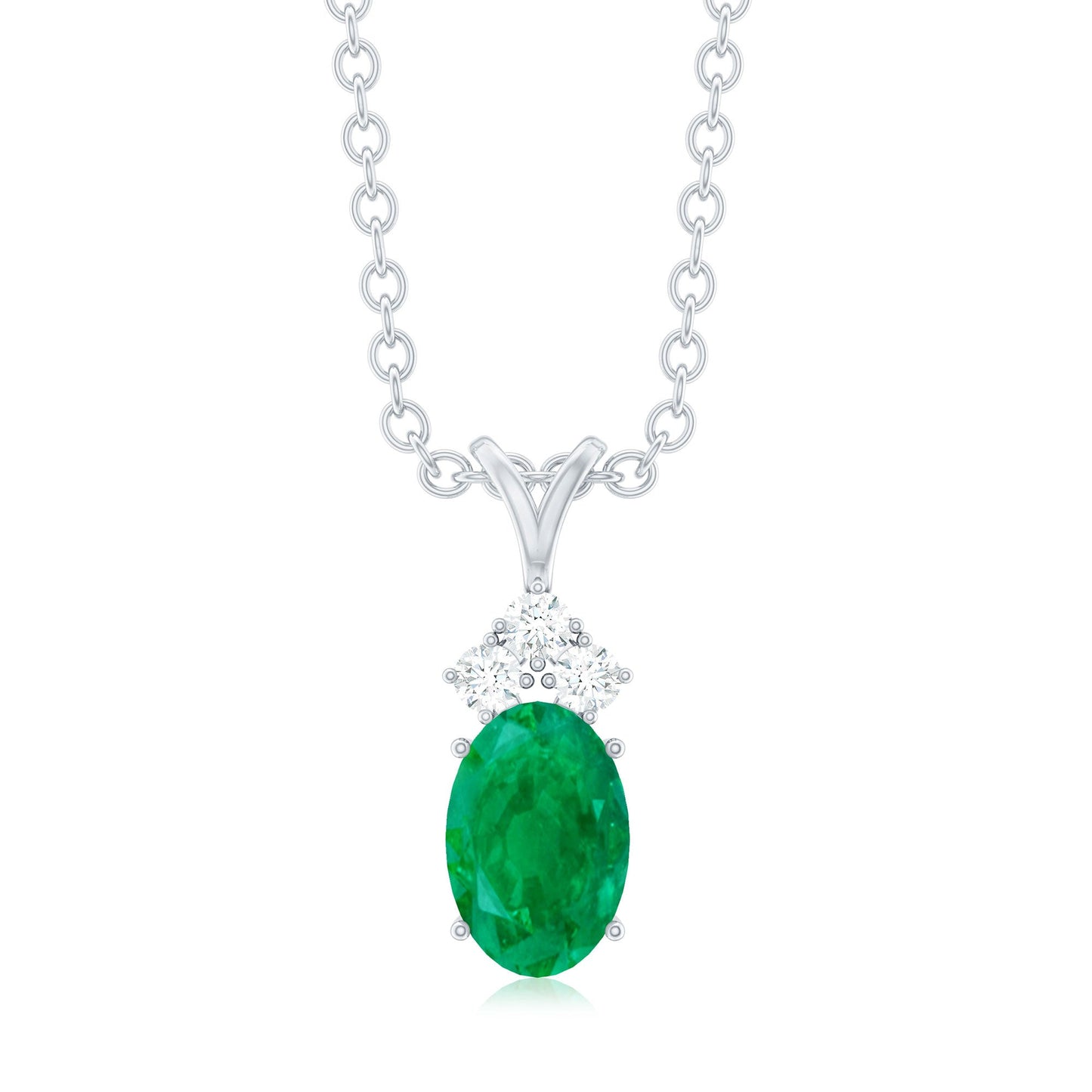 Natural Oval Emerald Pendant Necklace with Diamond Trio