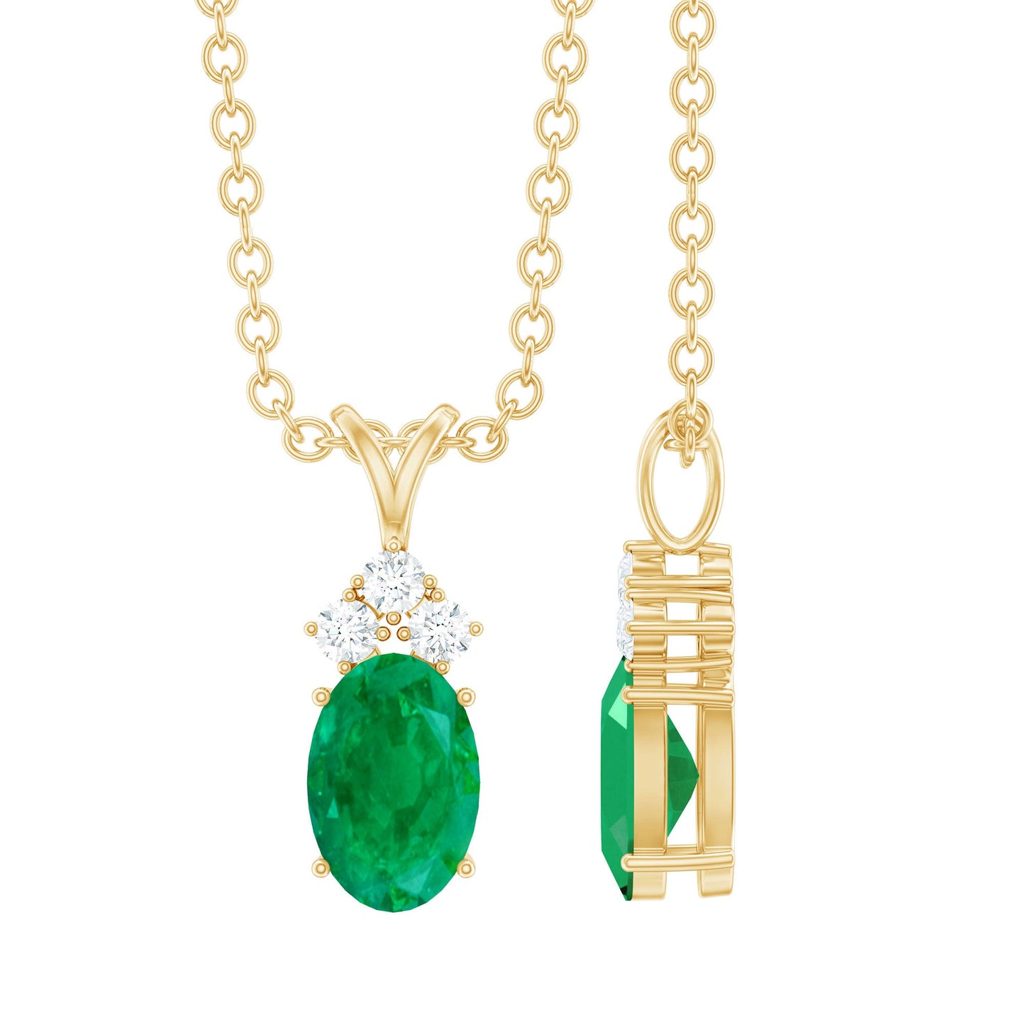 Natural Oval Emerald Pendant Necklace with Diamond Trio