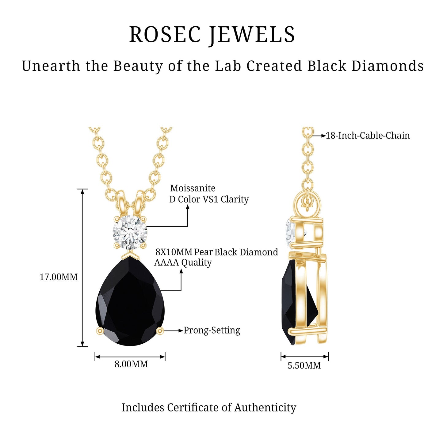 4.8 Carat Lab Created Black and White Diamond Teardrop Necklace