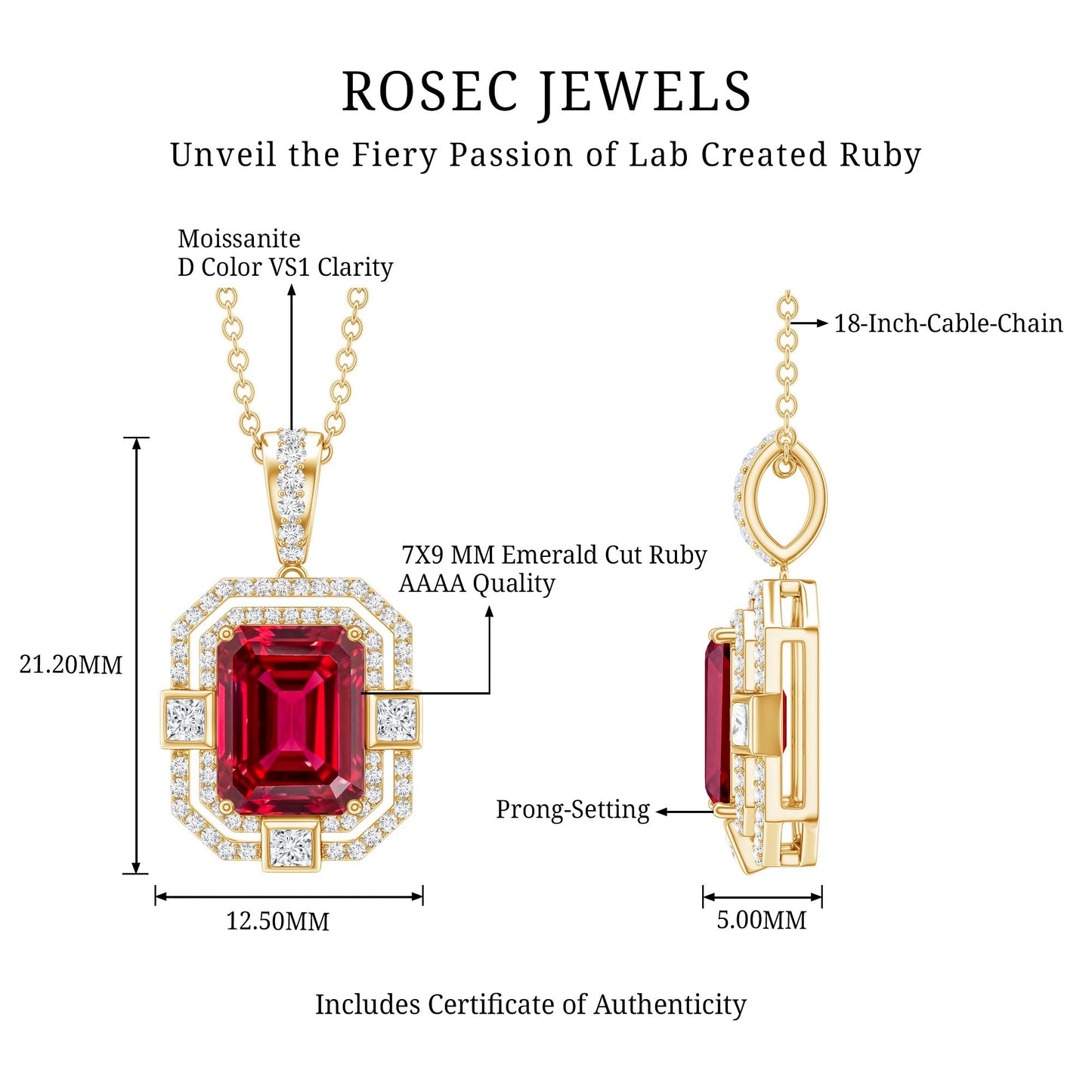 Vintage Inspired Lab Created Ruby Emerald Cut Necklace with Certificate