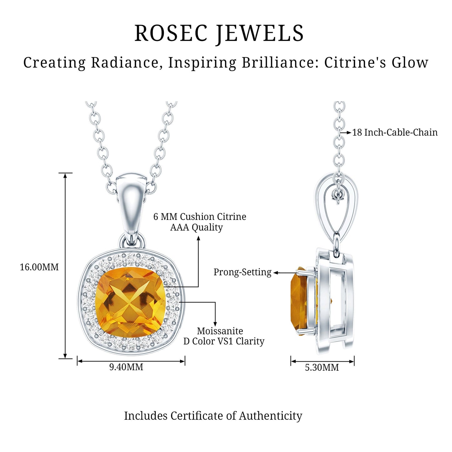 Cushion Cut 1 Carat Citrine Pendant Necklace with Moissanite Halo