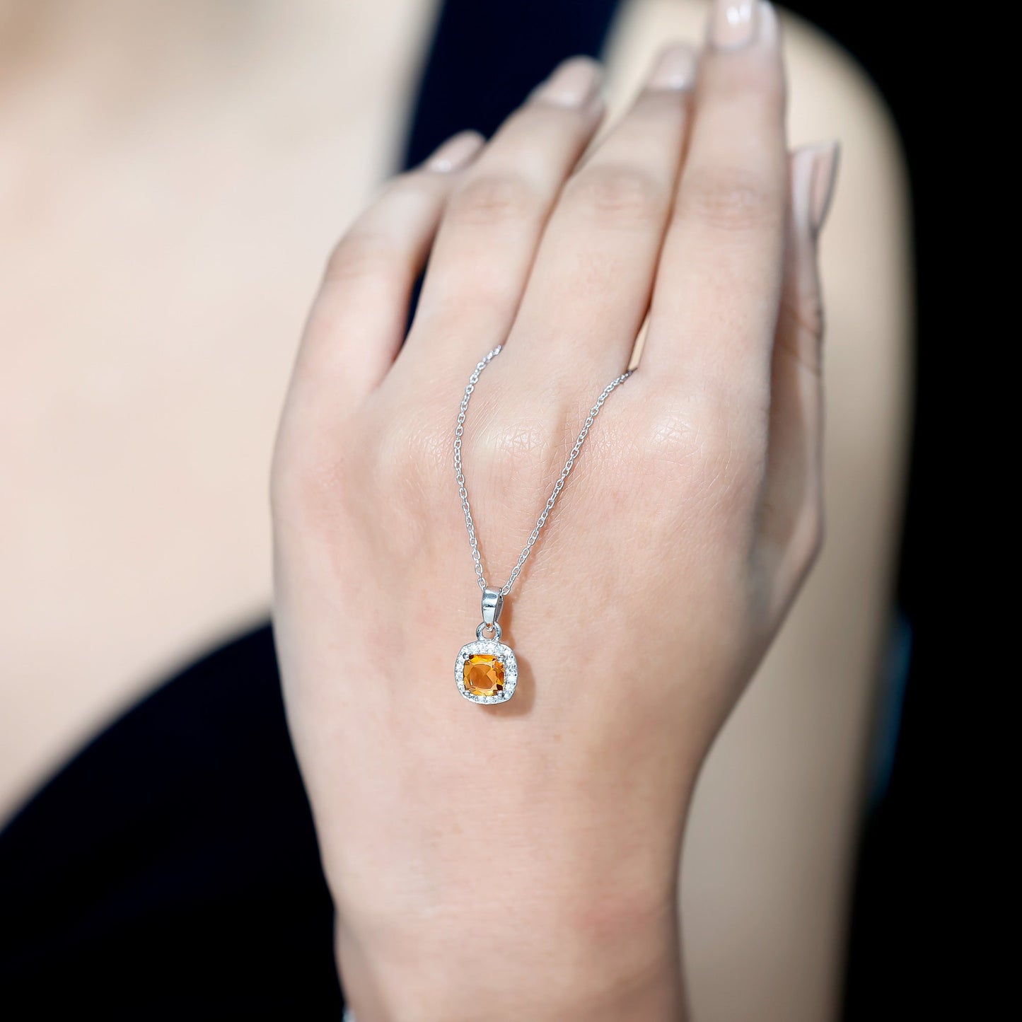 Cushion Cut 1 Carat Citrine Pendant Necklace with Moissanite Halo