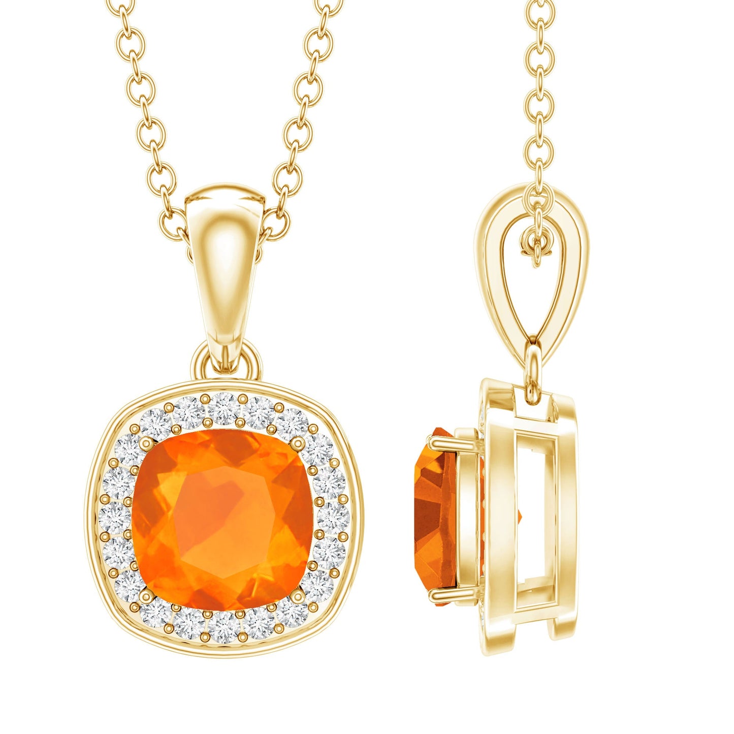 Certified 1 Carat Cushion Cut Fire Opal Pendant Necklace with Diamond Halo