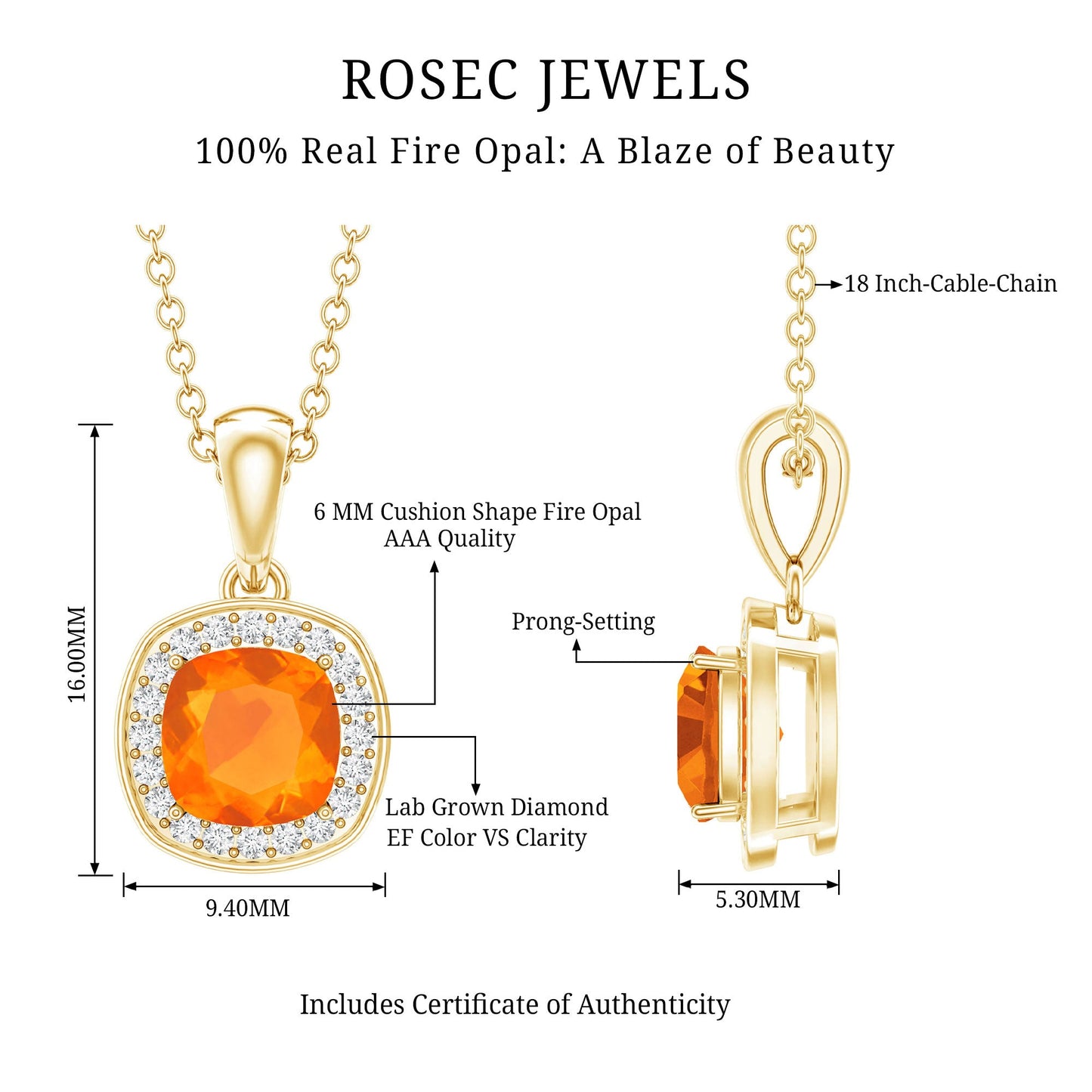 Certified 1 Carat Cushion Cut Fire Opal Pendant Necklace with Diamond Halo