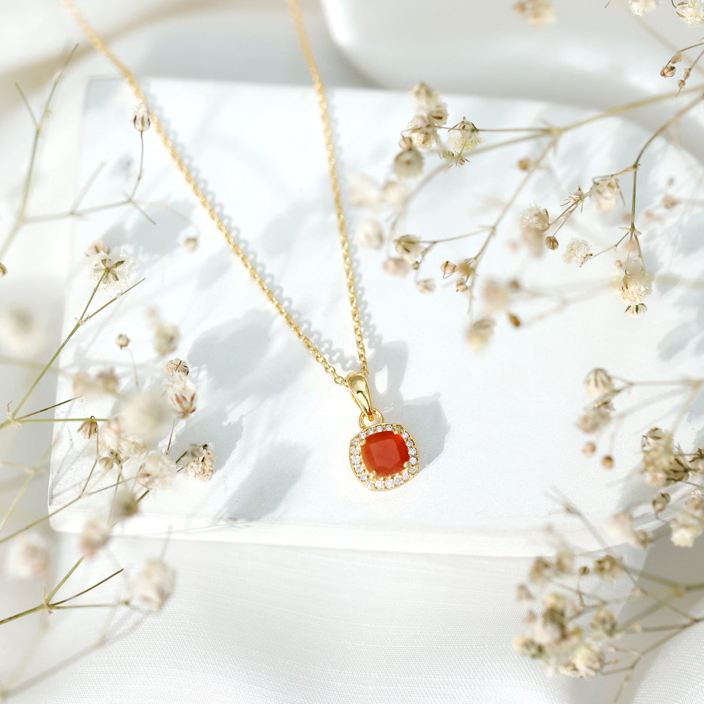 Certified 1 Carat Cushion Cut Fire Opal Pendant Necklace with Diamond Halo