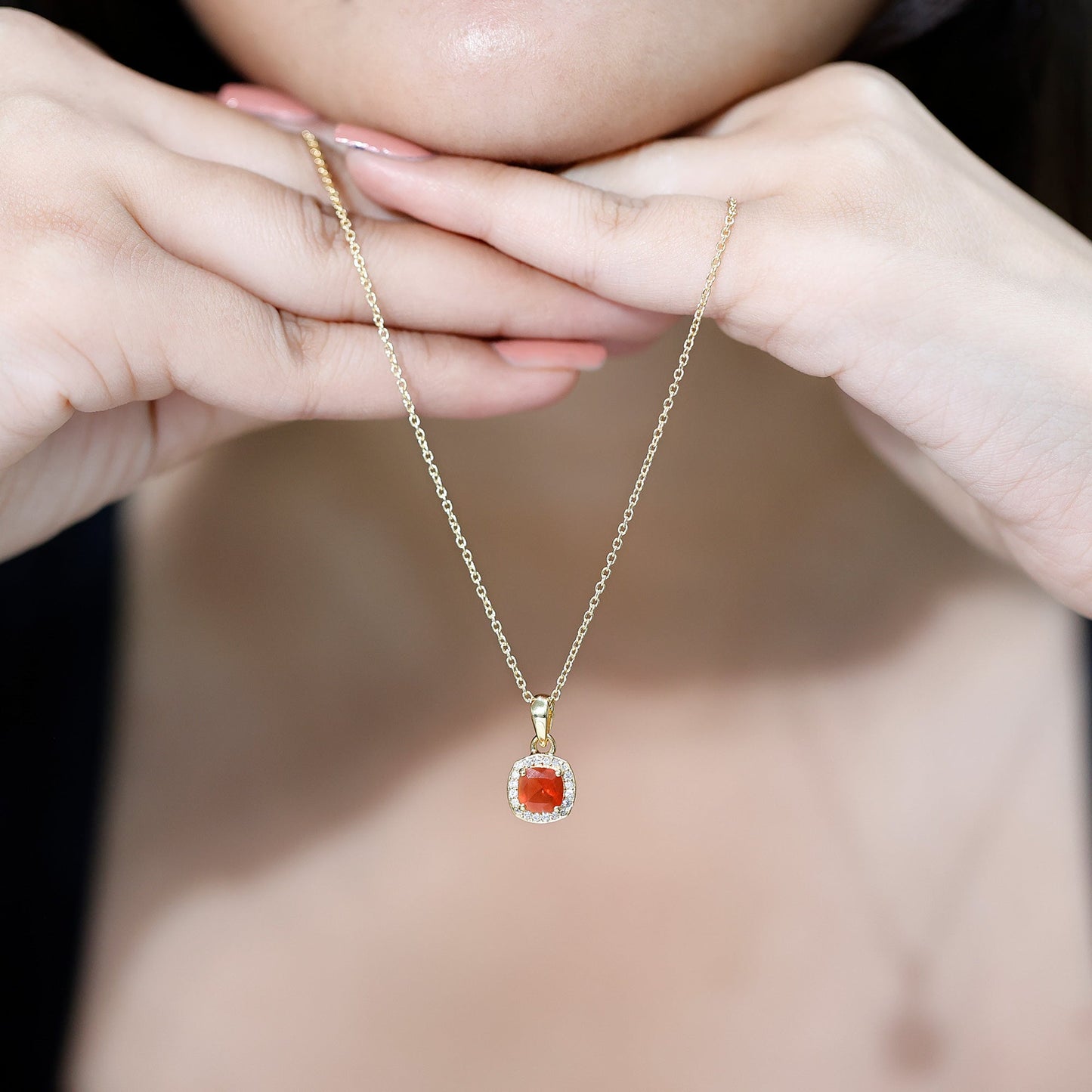 Certified 1 Carat Cushion Cut Fire Opal Pendant Necklace with Diamond Halo