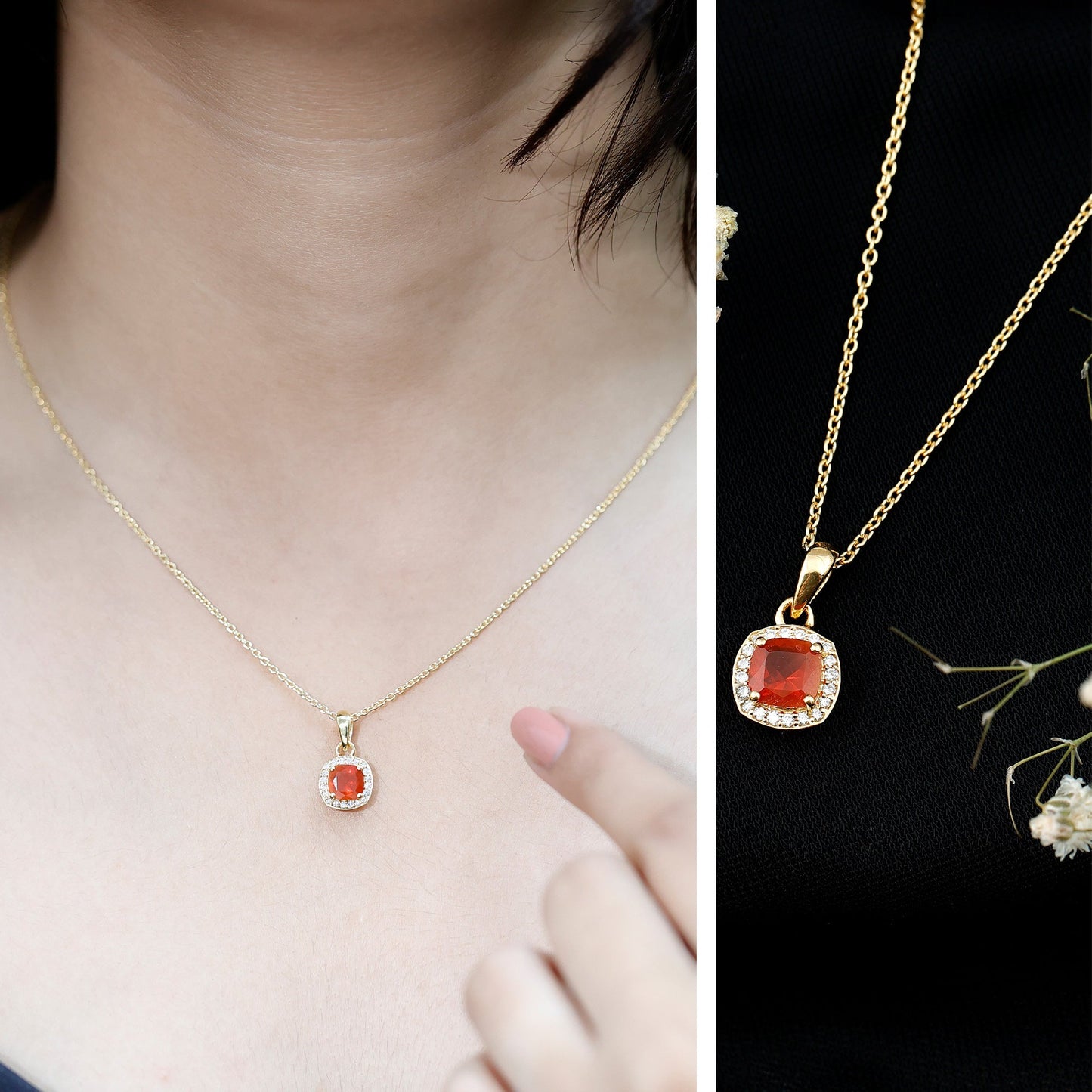 Certified 1 Carat Cushion Cut Fire Opal Pendant Necklace with Diamond Halo