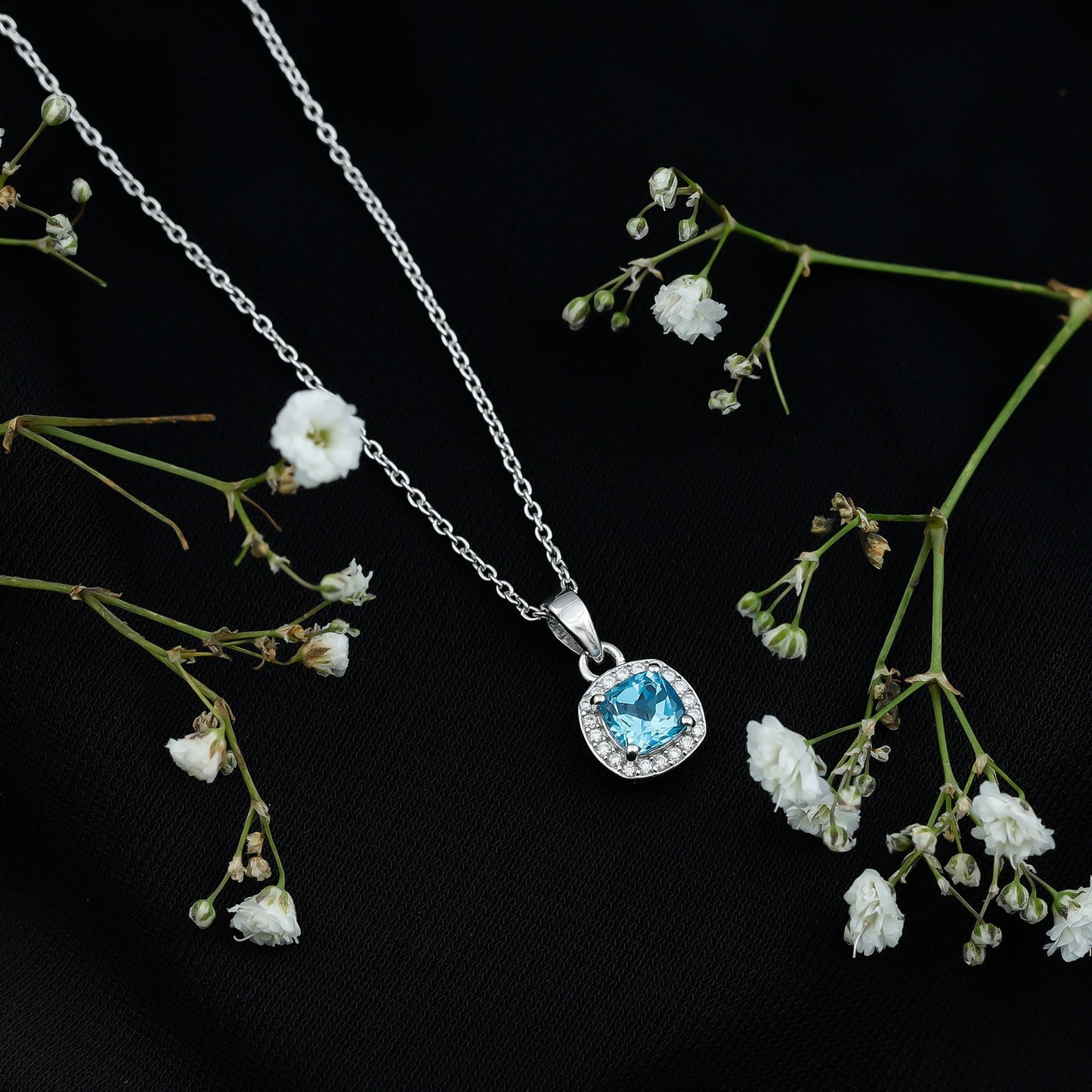 Natural Cushion Cut Swiss Blue Topaz Moissanite Halo Necklace with Silver Chain