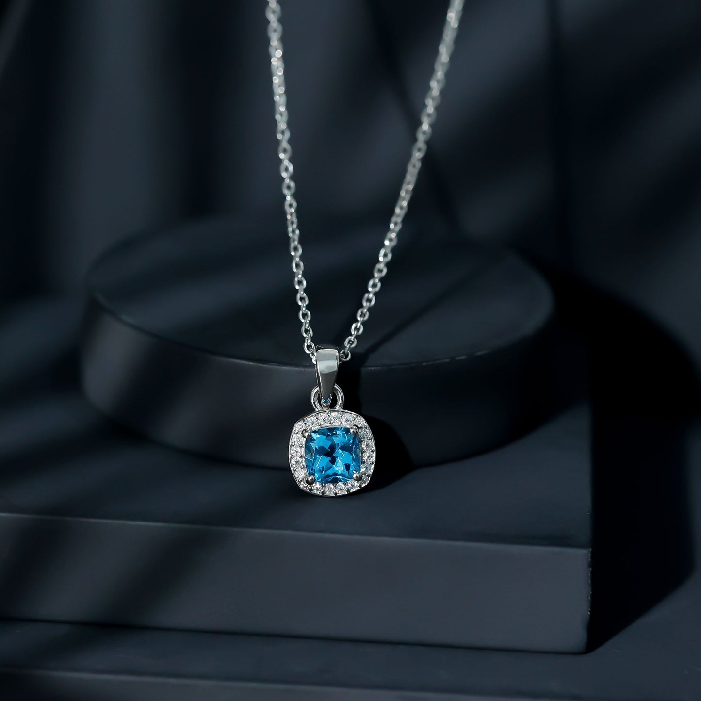 Natural Cushion Cut Swiss Blue Topaz Moissanite Halo Necklace with Silver Chain