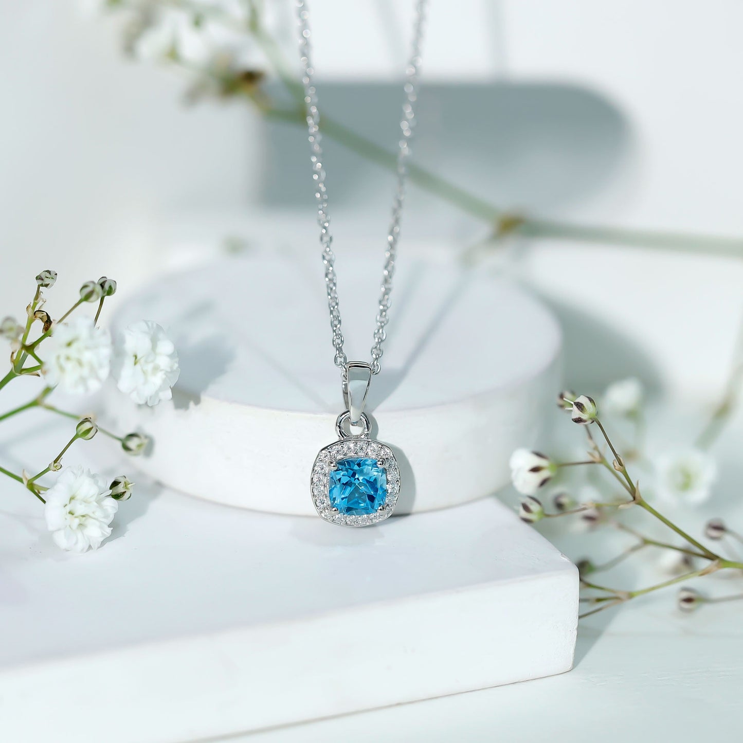 Natural Cushion Cut Swiss Blue Topaz Moissanite Halo Necklace with Silver Chain