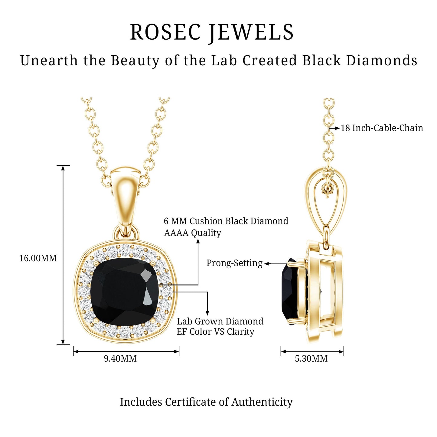 1.8 Carat Lab Grown Black and White Diamond Halo Necklace with Silver Chain