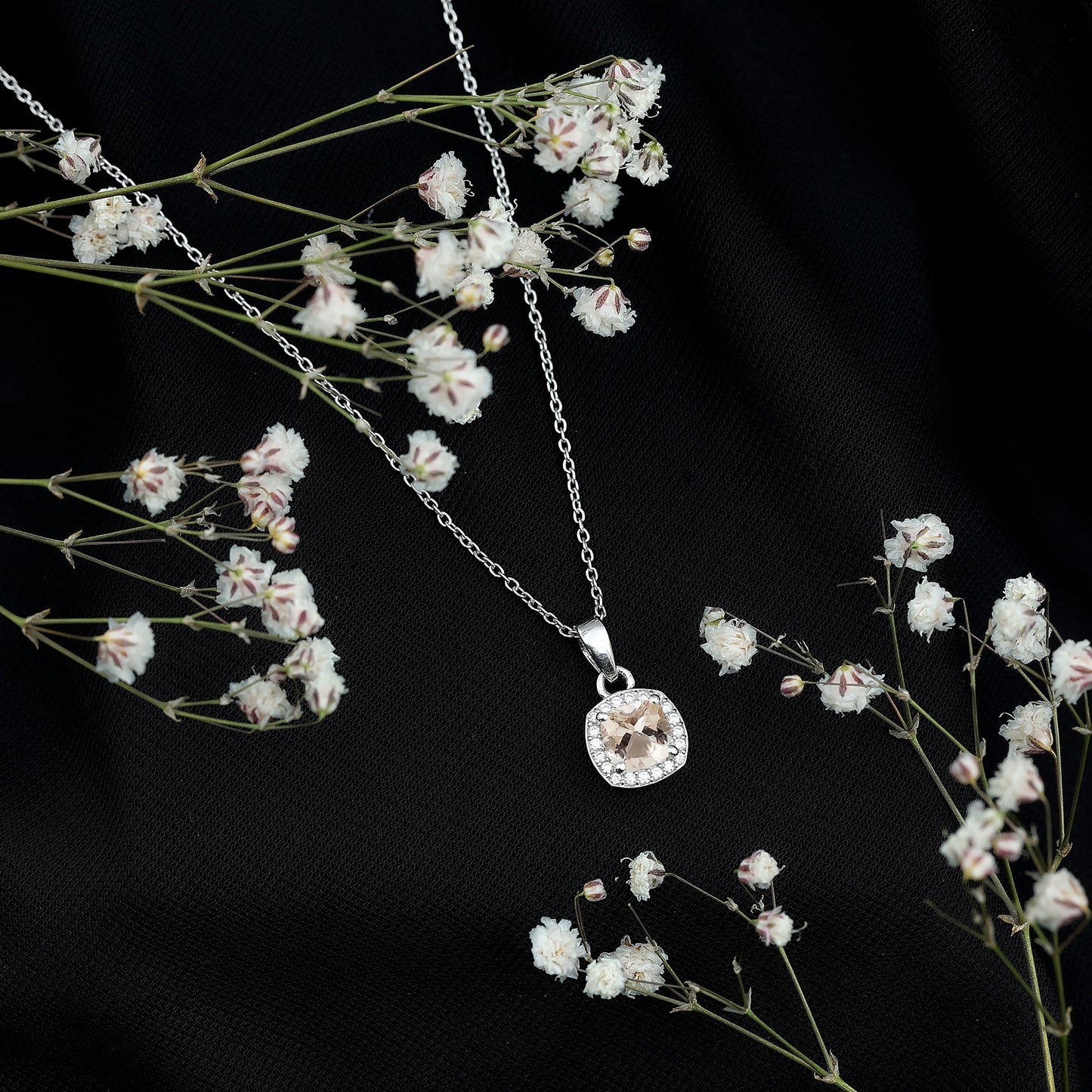 Natural Cushion Cut 1 Carat Morganite Necklace with Moissanite Halo