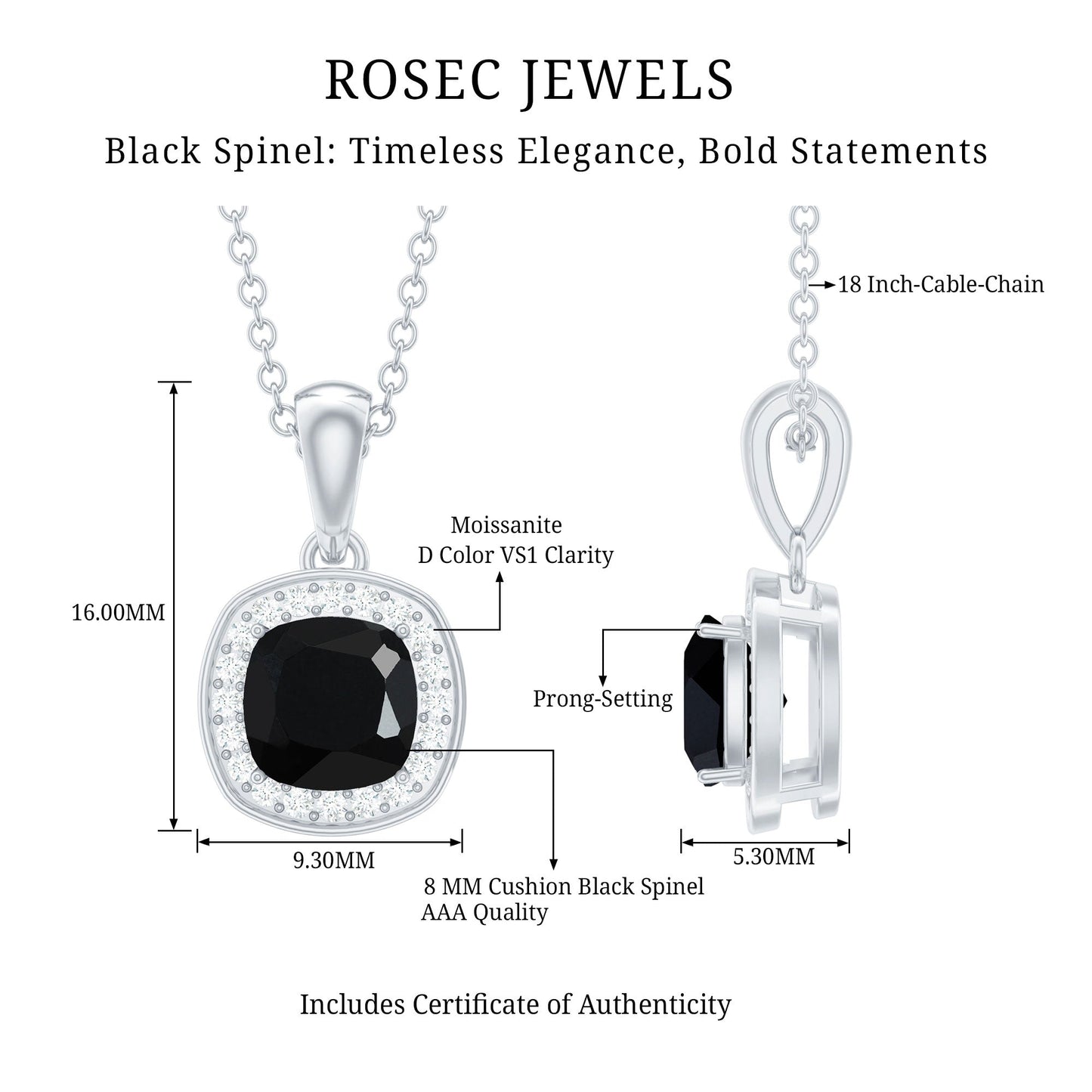 Certified 2 Carat Cushion Cut Black Spinel Necklace with Moissanite Halo