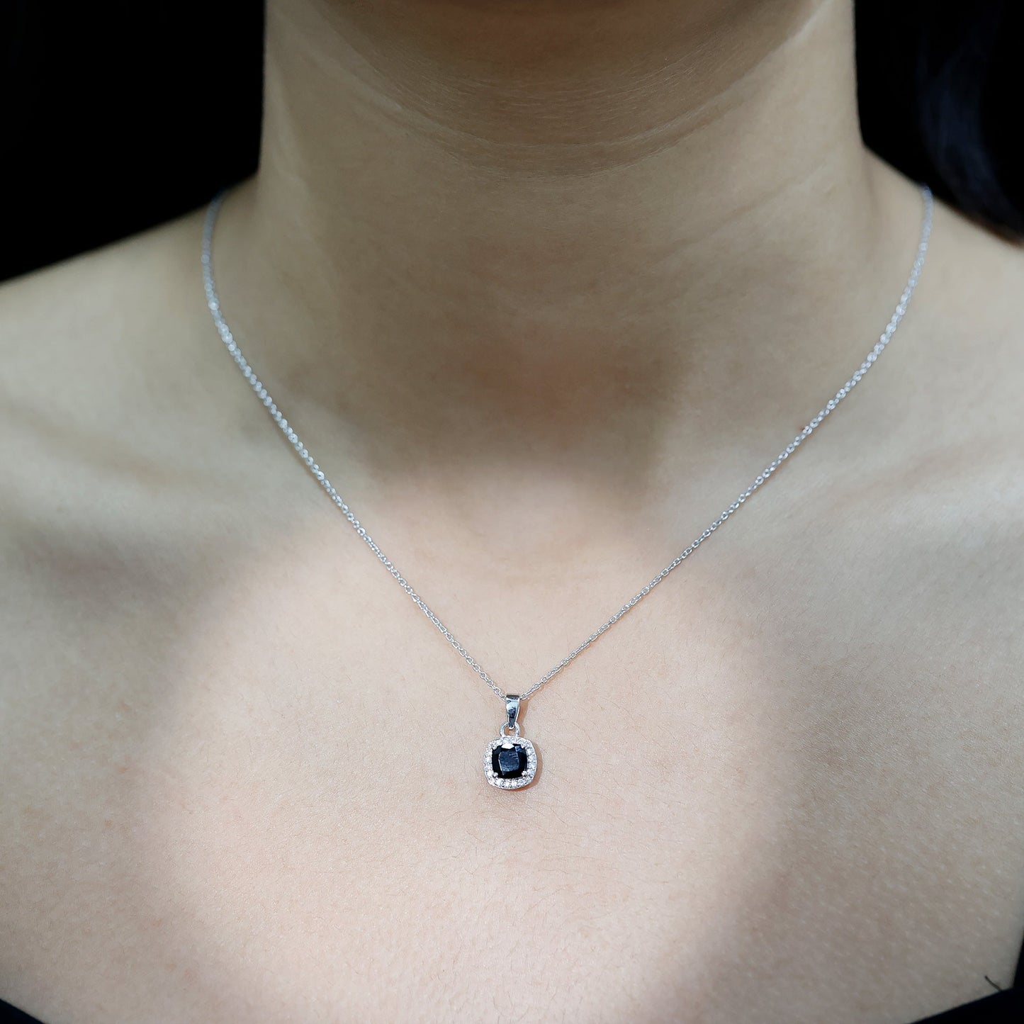 Certified 2 Carat Cushion Cut Black Spinel Necklace with Moissanite Halo