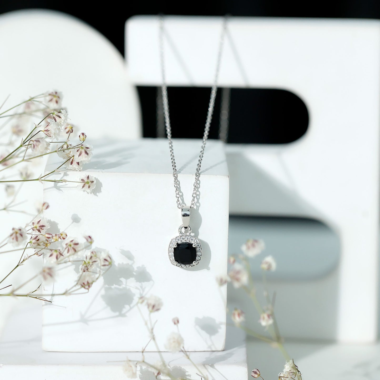Certified 2 Carat Cushion Cut Black Spinel Necklace with Moissanite Halo