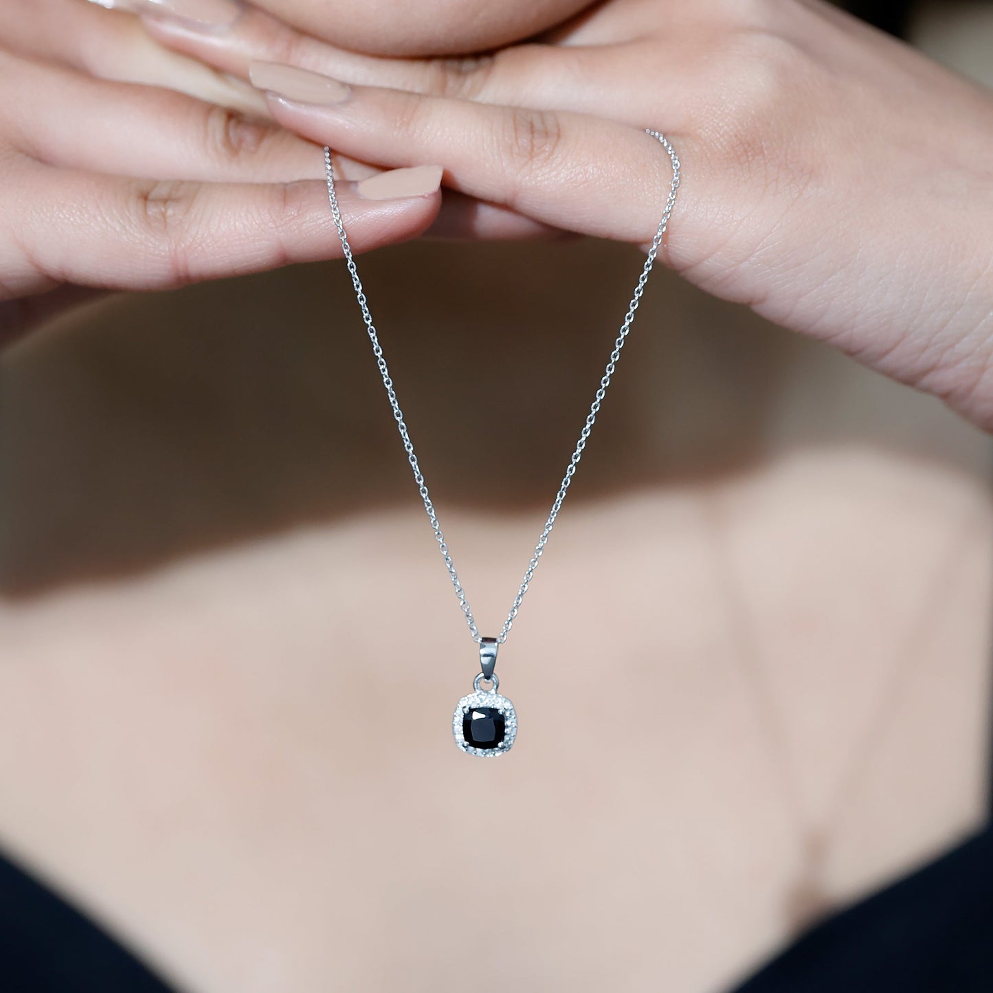 Certified 2 Carat Cushion Cut Black Spinel Necklace with Moissanite Halo