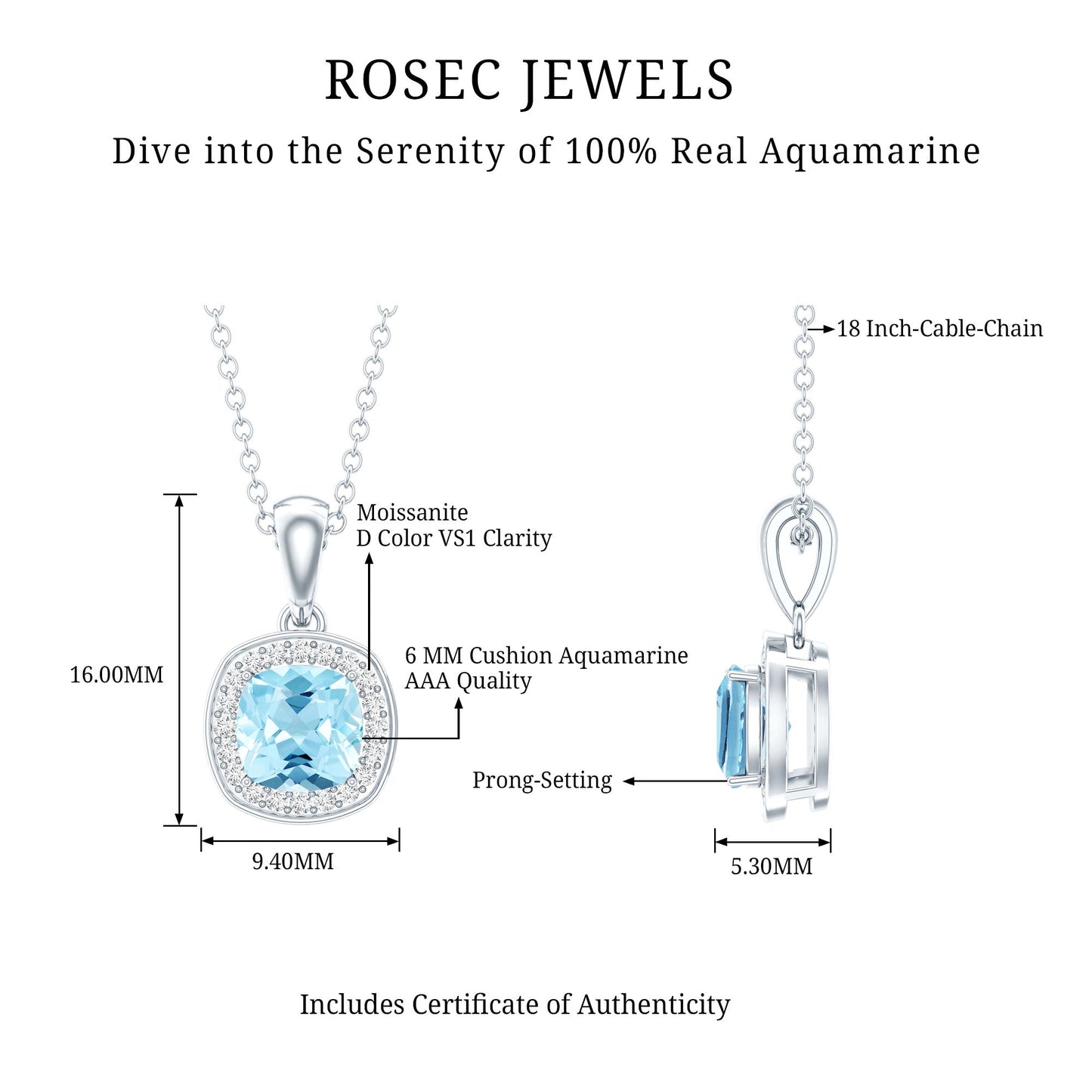Cushion Cut 1 Carat Aquamarine Classic Necklace with Silver Chain