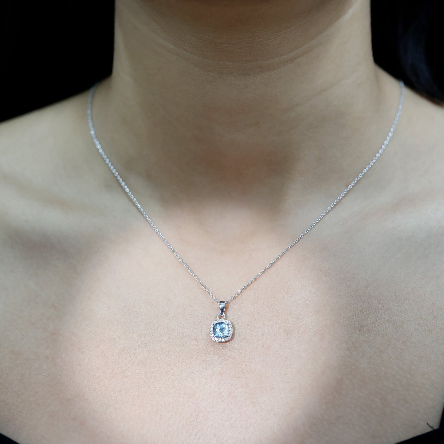 Cushion Cut 1 Carat Aquamarine Classic Necklace with Silver Chain