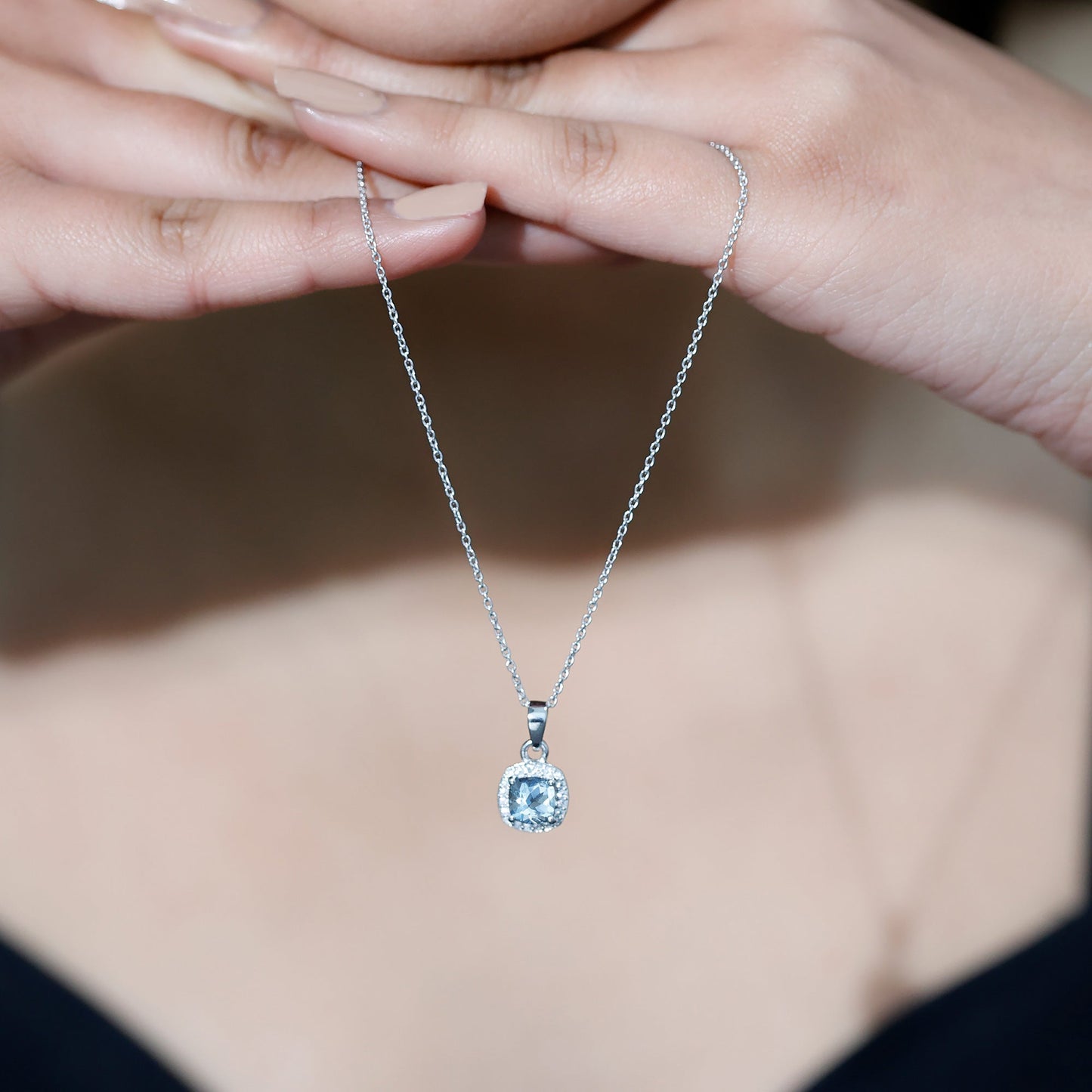 Cushion Cut 1 Carat Aquamarine Classic Necklace with Silver Chain