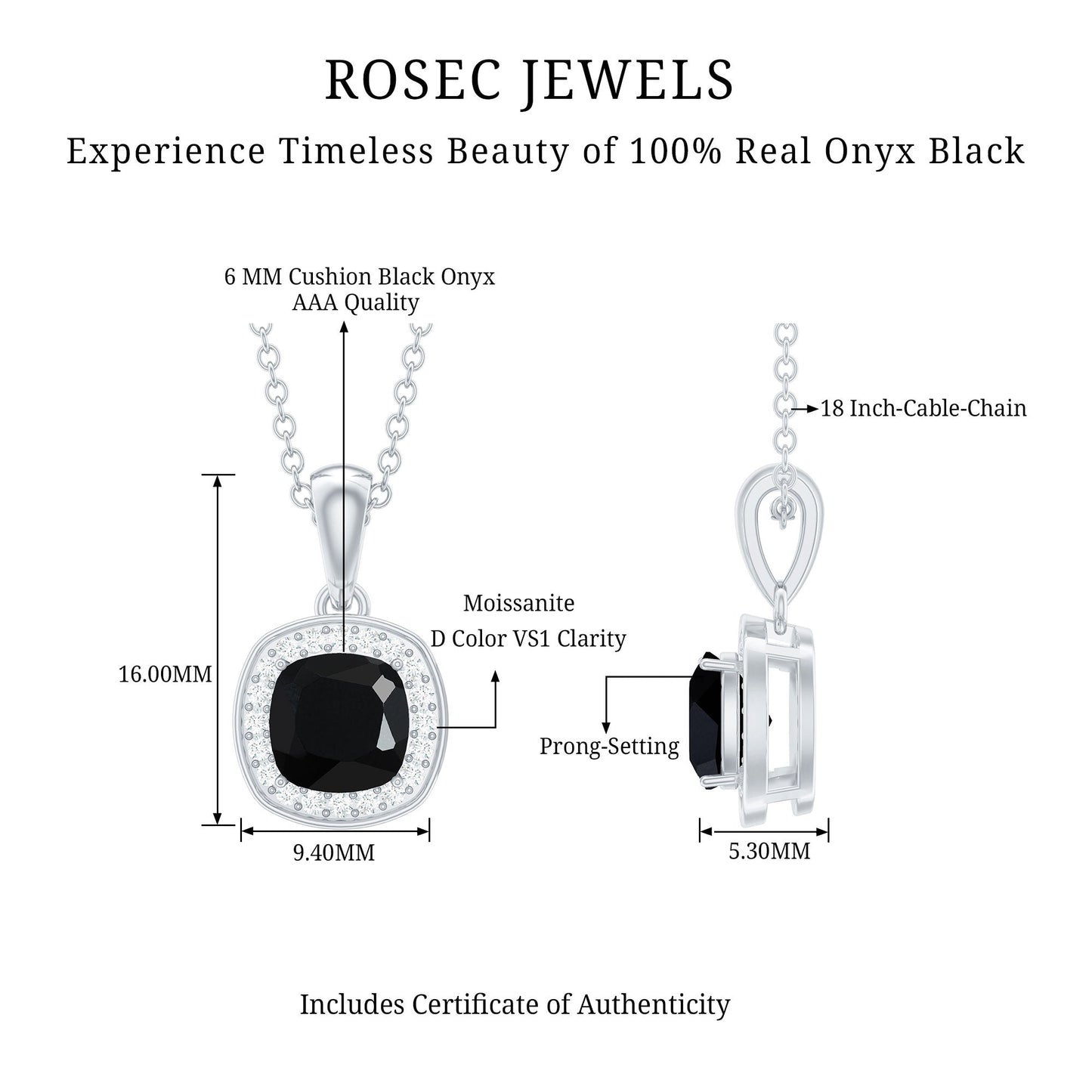 Cushion Cut 2 Carat Black Onyx and Moissanite Halo Necklace with Silver Chain